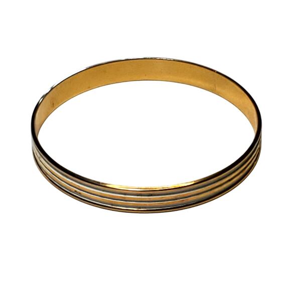 White and Gold Tone Striped Bangle Bracelet 9" Unsigned Vtg - Picture 2 of 4